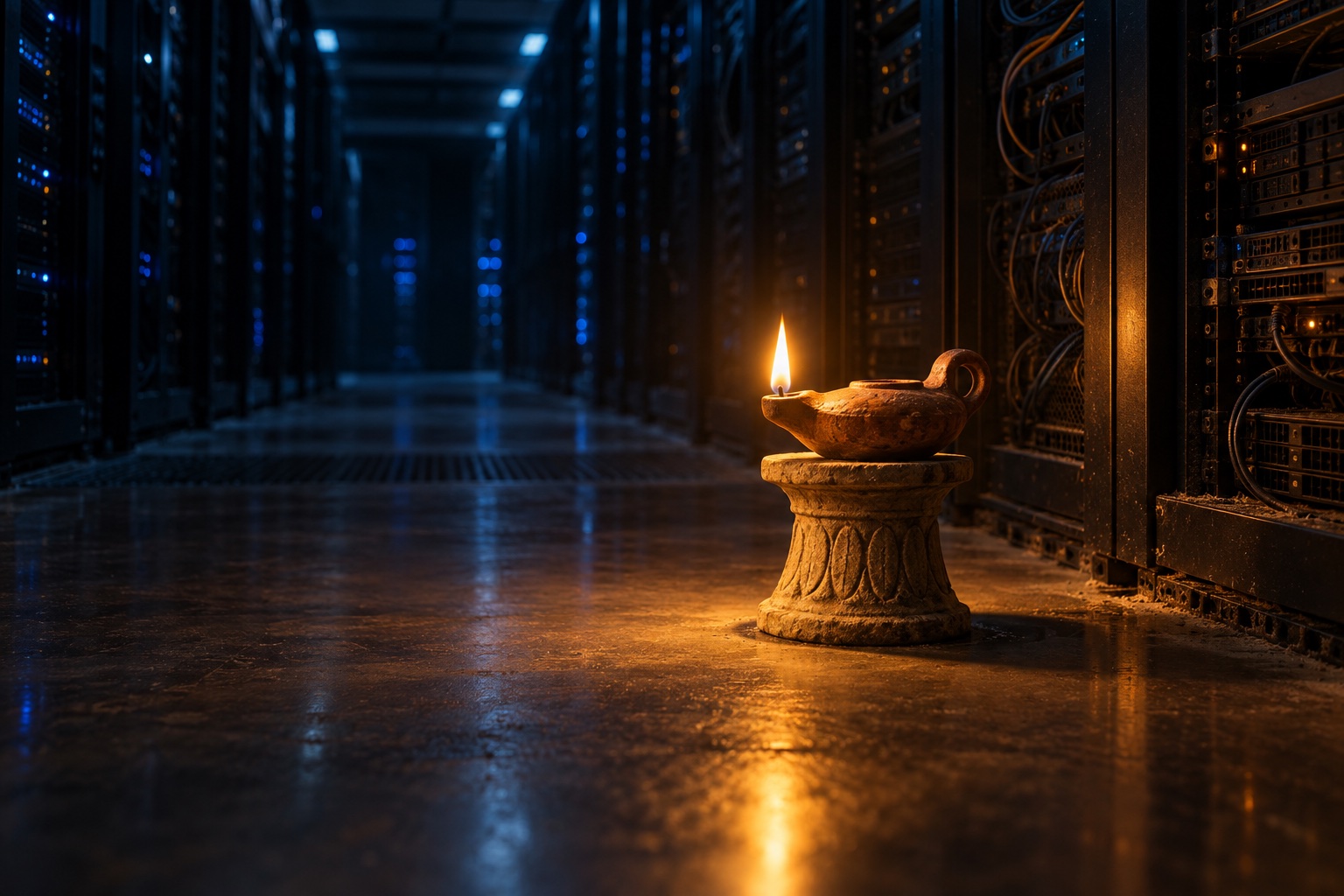 An ancient clay oil lamp burning on a stone lampstand in the aisle of a dark data center